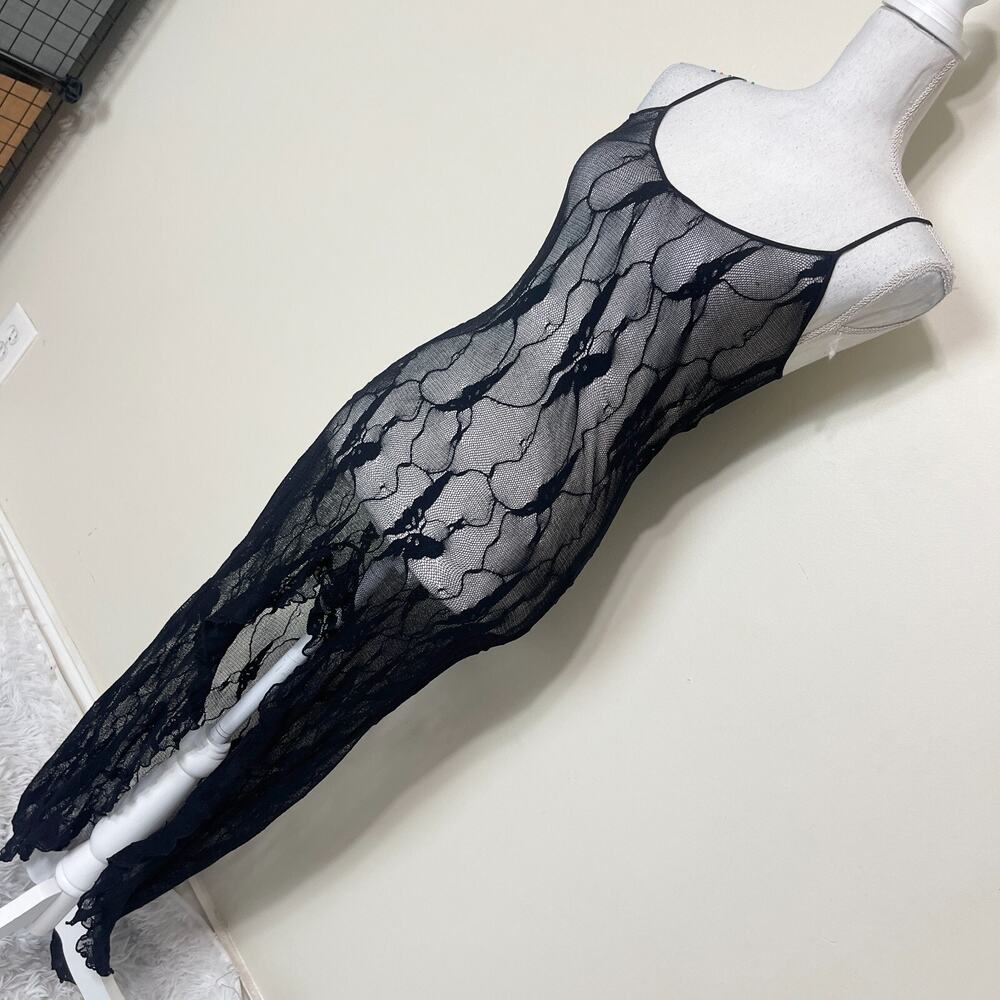 Leg Avenue Butterfly Lace Long‎ Gown 100% Nylon With Slit Black Stretch One Size - Picture 3 of 11